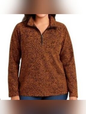 Lands' End Quarters Zip Animal Print Fleece Size 3X Warm Tawny Brown Leopard